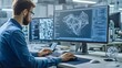 © Pascal - Digital engineer developing prototype mesh using modern computer while sitting at desk in office. Creative company professional modeler creating 3D model using specialized software.