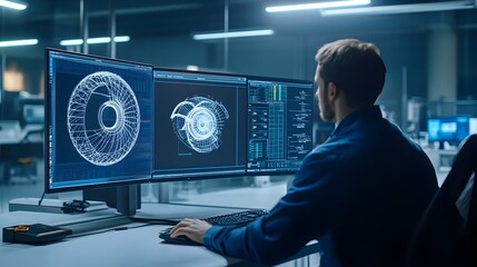 Poster - Engineer working on 3D turbine model on computer screen