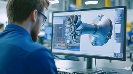 Engineer working on 3D turbine model on computer screen