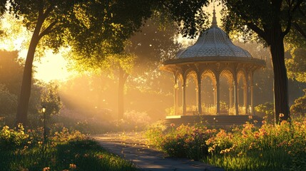 Wall Mural - A serene garden with a gazebo, illuminated by soft sunlight and surrounded by flowers.