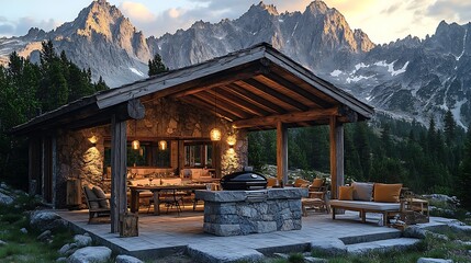 Canvas Print - A rustic mountain BBQ retreat with a stone grill, wooden beams, and outdoor furniture, set against a backdrop of towering mountain peaks and pine trees,