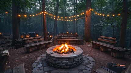 Canvas Print - A rustic outdoor BBQ area nestled in a woodland setting, with a stone fire pit surrounded by wooden seating, fairy lights draped between trees, soft evening light filtering through the branches,