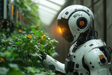 A robot tending to plants in a greenhouse, showcasing harmony with nature.