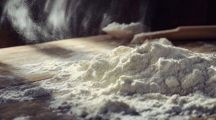 A close-up of flour on a wooden surface, illustrating baking or cooking preparation.