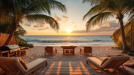 Canvas Print - A serene beachside BBQ area with sand underfoot, wooden deck chairs, and a simple grill, waves gently crashing in the background, palm trees swaying in the breeze under a golden sunset sky.