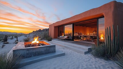 Canvas Print - A serene desert BBQ retreat featuring adobe-style walls, a large fire pit for grilling, and cacti surrounding the area, with the setting sun casting warm orange hues over the sand and sky.