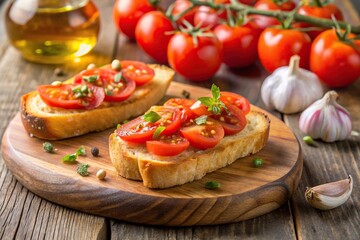 Catalan Pan con Tomate Spanish toasted bread rubbed with fresh garlic and ripe tomato then drizzled with olive oil, closeup on the wooden board aerial view