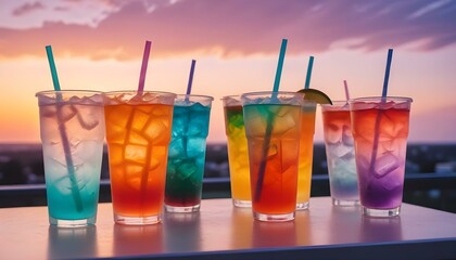 Assorted colorful iced drinks, served in clear plastic cups