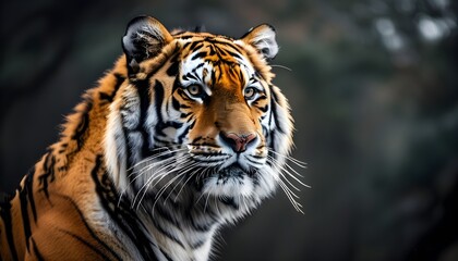 Wall Mural - Majestic tiger gazes fiercely at the camera, highlighting distinctive stripes and intense eyes, embodying strength, wildness, and the beauty of nature.