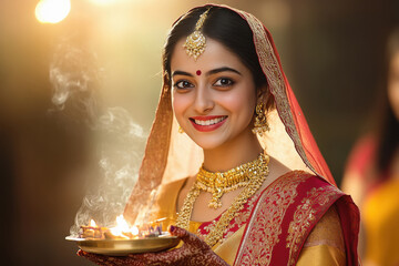 young indian woman holding traditional Pooja thali