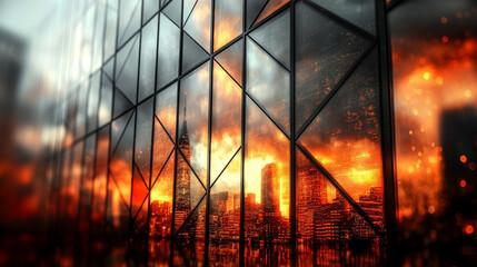 Wall Mural - Cityscape reflected in a glass building at sunset.