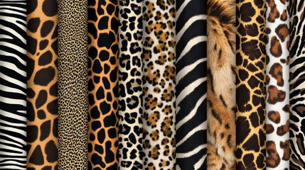 This is a collection of animal prints for fabrics. It includes patterns like leopard, giraffe, tiger, and zebra. The designs are seamless and can be used to create clothing or other items.