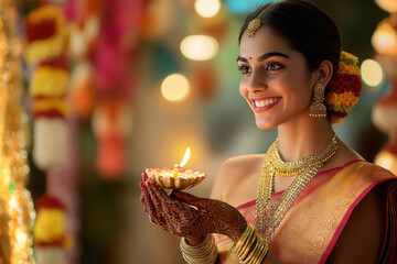 Sticker - young indian woman holding oil lamp on diwali festival