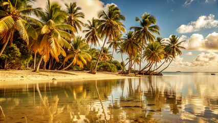 Golden hour illuminates a serene beach as palm trees sway gently by the water's edge, creating beautiful reflections on the calm surface. The tropical landscape exudes peace