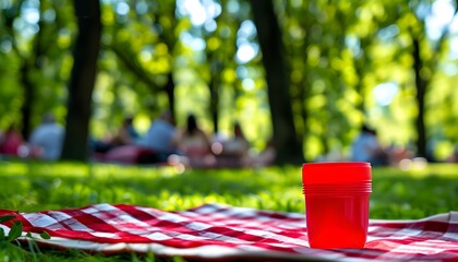 vibrant summer picnic scene with a red cup on checkered blanket amidst lush greenery and cheerful gatherings