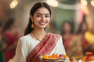 Poster - young indian woman holding colorful oil lamps in the plate