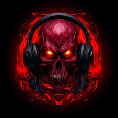 Red Skull Wearing Headphones in a Flaming Circle