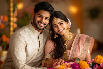 Sticker - young Indian couple celebrating Diwali festival at home