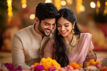 Sticker - young Indian couple celebrating Diwali festival at home