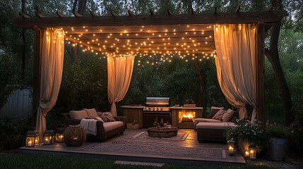 an outdoor bbq area with a wooden pergola, string lights overhead, cozy lounge seating, and soft flo