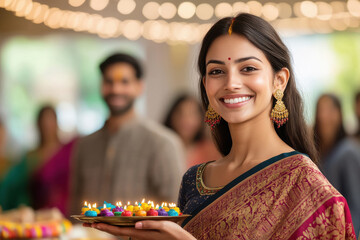 Sticker - young indian woman holding colorful oil lamps in the plate