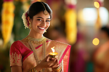 Canvas Print - young indian woman holding oil lamp on diwali festival