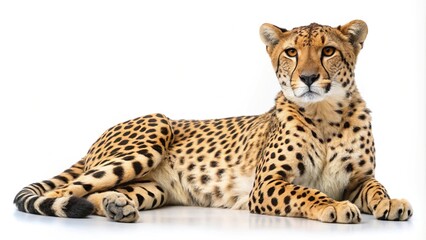 cheetah lying down full body shot isolated on white background extreme close-up