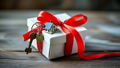 Wall Mural - Celebratory gift box with a red ribbon, housing a miniature house keychain and keys representing new home ownership and real estate dreams