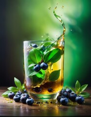 Wall Mural - A vibrant and refreshing image of a glass filled with a blueberry and mint infused beverage. The drink's vivid colors and the splash effect create a lively and invigorating visual, perfect for summer