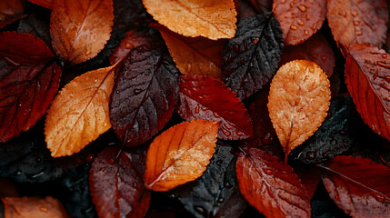 Wall Mural - Autumn Leaves with Water Droplets Closeup Macro Photography