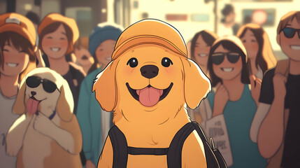 Happy Golden Retriever Dog Wearing Hat in Crowd of People