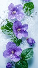 Wall Mural - Purple flowers and green leaves floating on clear water with water droplets and ripples.