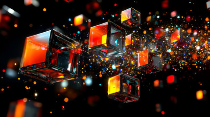 Poster - Floating glass cubes with a colorful glow.