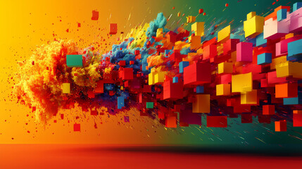 Wall Mural - Colorful 3D cubes and abstract shapes explode against a vibrant background.