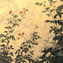 Wall Mural - Silhouettes of Branches with Red Flowers and a Yellow Background