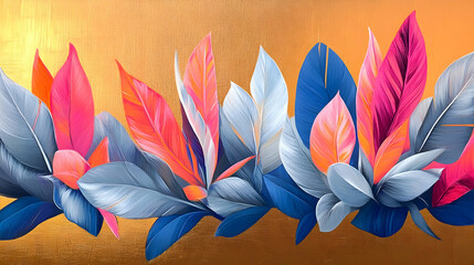 Wall Mural - Vibrant Tropical Leaves Abstract Gold Background Painting