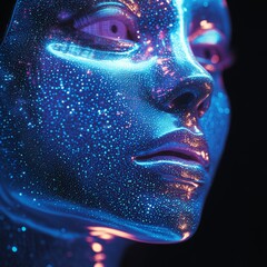 Sticker - Glittering Woman Face Blue Neon Light Close Up