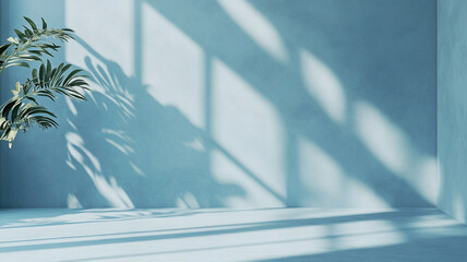 Poster - Illustration of a serene indoor space with soft blue walls and plant shadows during daylight hours