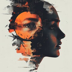 Canvas Print - Abstract Woman Face with Orange and Black  Art