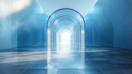 Poster - A long hallway with arches of clear glass.