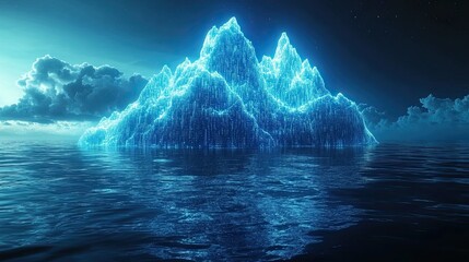 A colossal iceberg floating in a digital ocean, its surface shimmering with binary code and data streams, representing the vastness of information in the digital age.