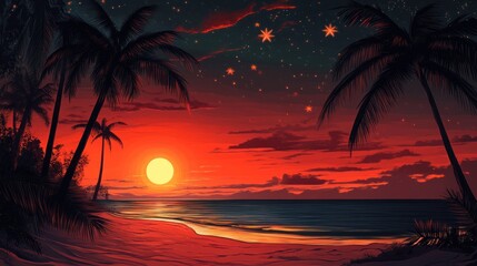 Wall Mural - A vibrant sunset over a beach with palm trees and a starry sky.