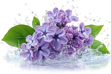 Wall Mural - Purple lilac flowers with water splashes and green leaves.