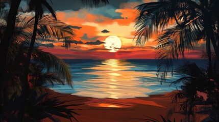 Wall Mural - A serene sunset over a calm ocean, framed by palm trees, evoking tranquility and beauty.