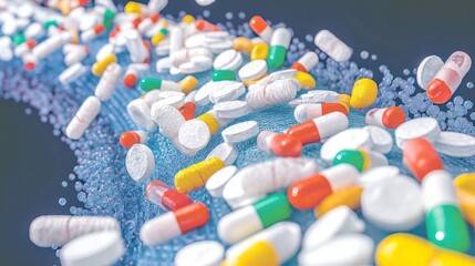 A Stream of Multicolored Pills and Capsules on a Blue Background