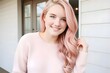 © freelanceartist - smiling, 20 year old woman, feminine, cute, pastel, PIINK ombré hair, makeup, freckles, casual photo, cheerful, playful, natural, beauty, stylish, trendy, modern, relaxed, friendly, lighthearted