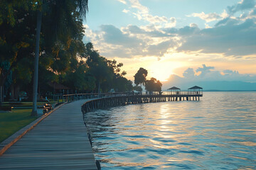 Wall Mural - Wooden Pier Over Water at Sunset with Tropical Trees and Mountains