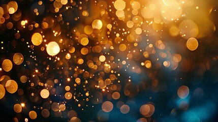 Wall Mural - golden bokeh and raining light of gold confetti illuminating a blurry black background with hazy dep