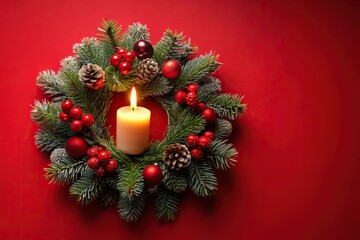 Christmas wreath with candle on red background