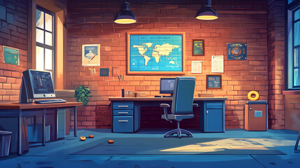 Modern Office Interior Design with Brick Wall and World Map